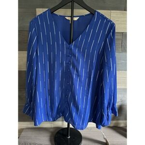 Hope & Harlow Women Royal Blue Silver Stipe Blouse Long Puff Sleeve Top L NWT